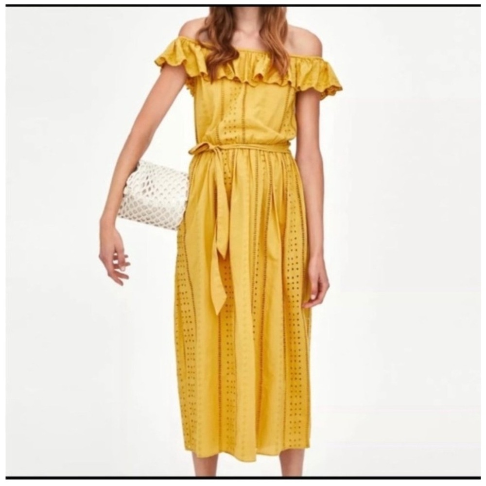 Zara TRF Mustard Yellow Eyelet Embroidery Ruffle Midi Dress Small